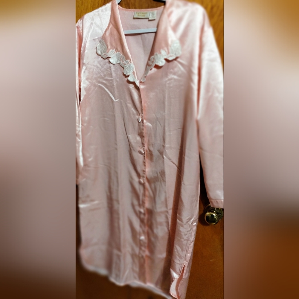 90s Victorias Secret Womens Small Lace Collar Pink Satin Button Nightgown, 1990s - Picture 2 of 5